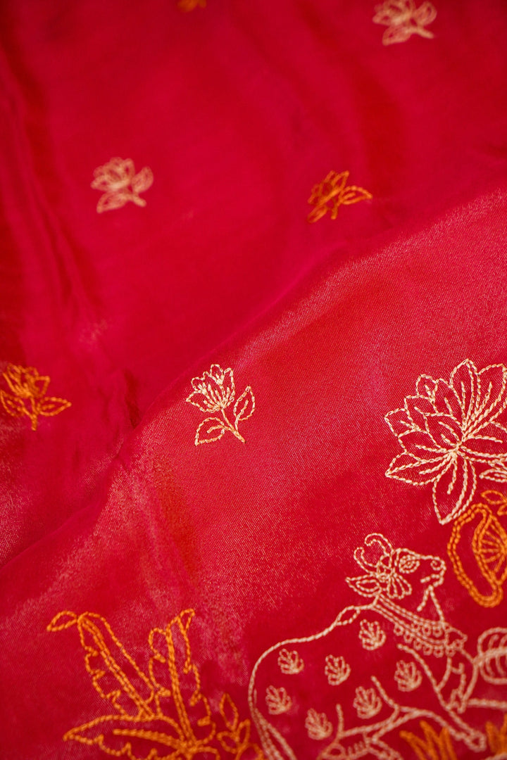Rose Red Crepe Tissue Saree with Pichwai Resham Kadhai