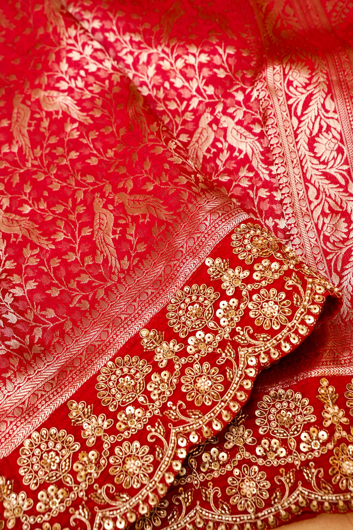 Bridal Red Brocade Silk Figure Motif Saree with Embroidery Border View 5