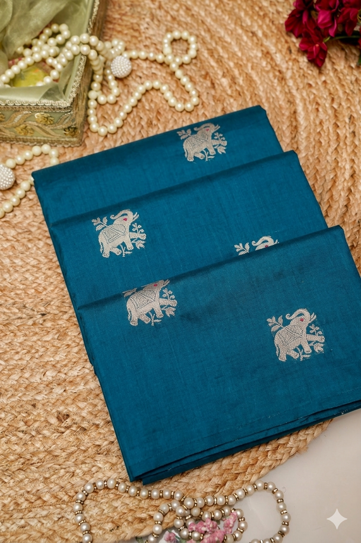 Elegant Teal Blue Handwoven Banarasi Pure Puna Silk Saree with Zari Elephant Motifs