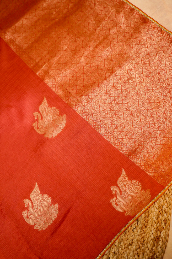 Coral Orange Soft Silk Saree with Designer Buddha Inspired Blouse View 2
