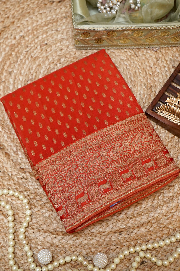 Rich Rust Orange Banarasi Chinon Georgette Saree with Antique Zari Figure Motifs