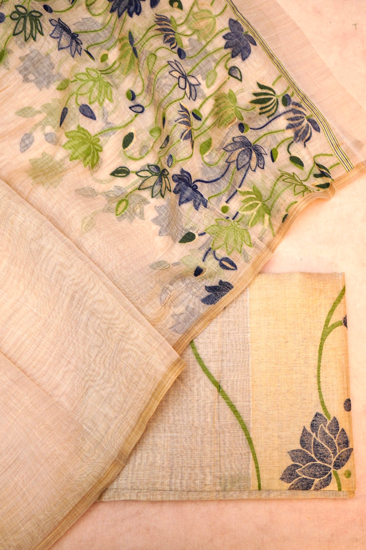 Beige Gold Cotton Silk Suit Set with Green Purple Floral Embroidery