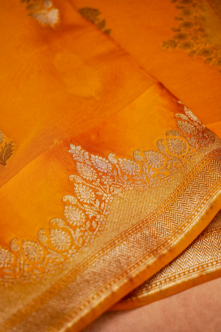 Radiant Mustard Yellow Banarasi Kora Silk Saree Handwoven Bootidar Zari with Leheriya Border