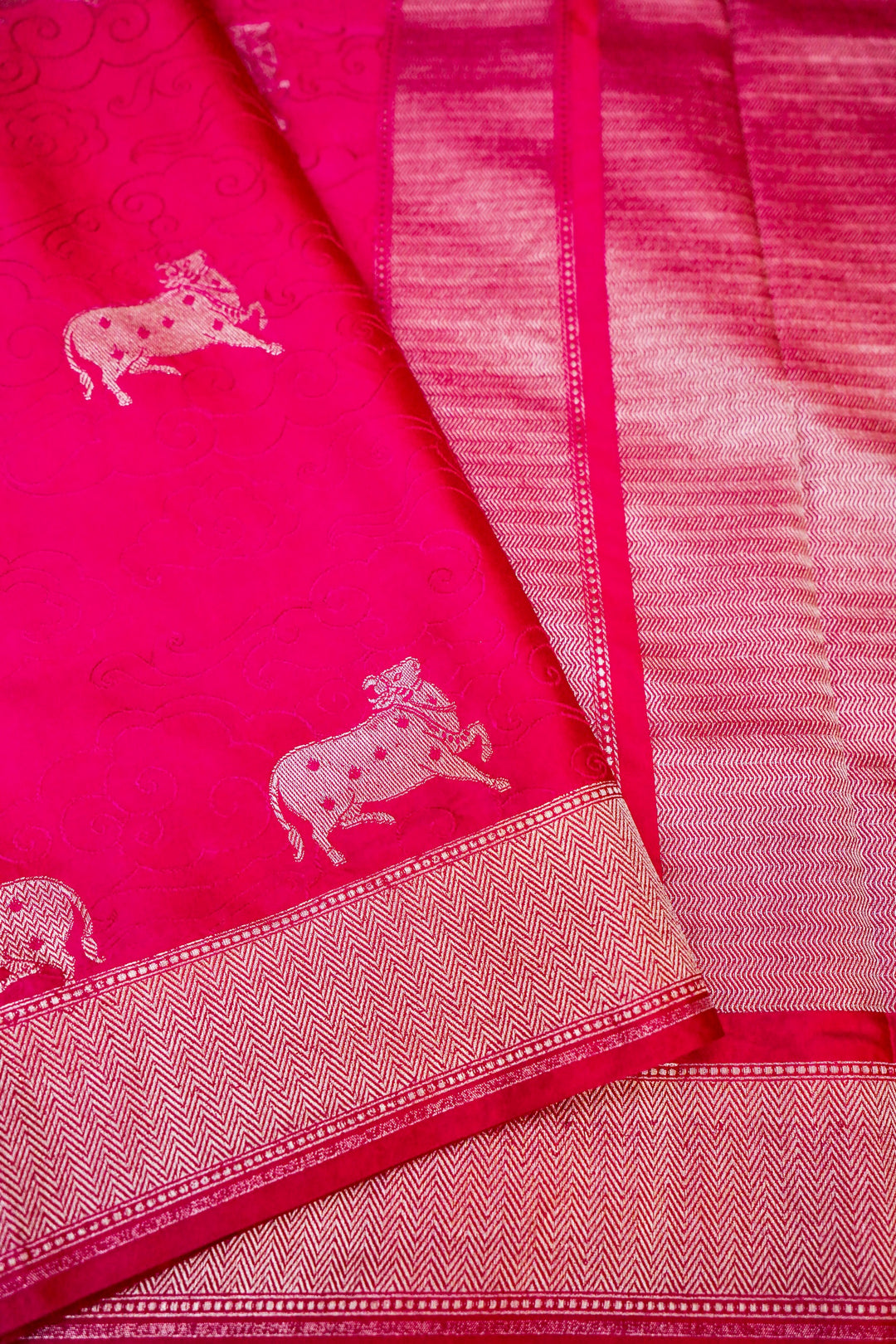 Divine Charm in Pink Banarasi Mashru Silk Saree with Golden Zari Nandi Motif