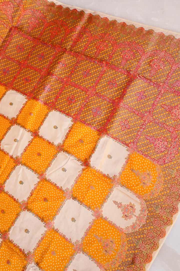 Yellow &amp; White Checked Crepe Silk Saree with Bandhani &amp; Meenakari Contrast Border