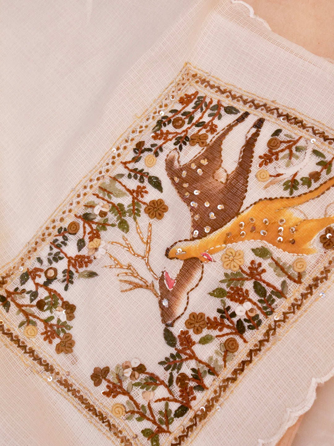 White Pure Kota Saree with Kantha Embroidery Hand Painted Motifs View 1