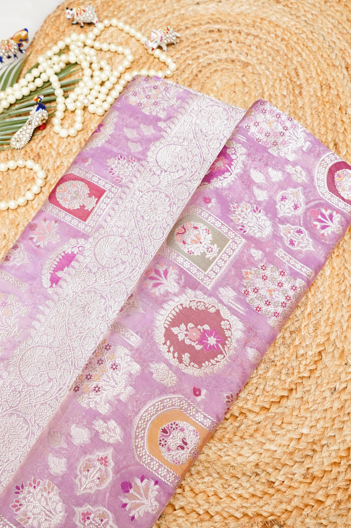 Handwoven Lavender Pure Tissue Katan Silk Meenakari Jaal Saree