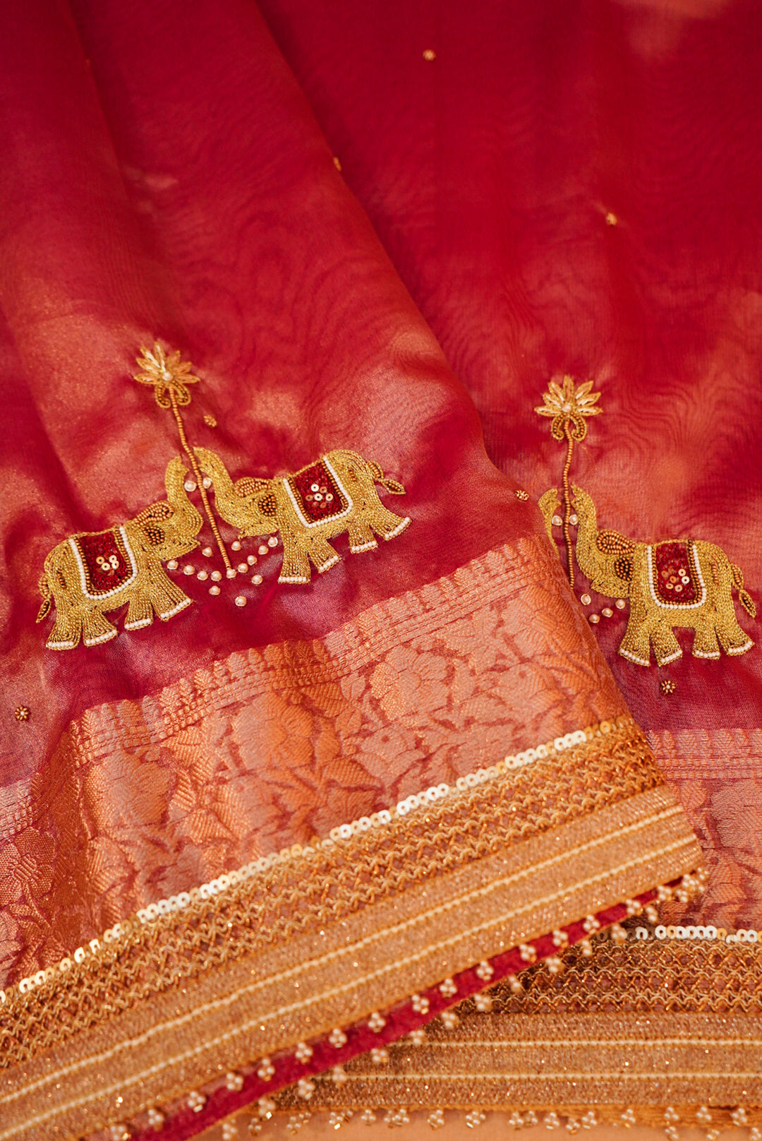 Rose Gold Gajanan Maharani Tissue Saree with Embroidery and Pearl Work