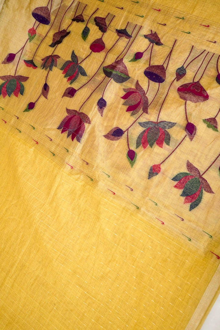Radiant Yellow Cotton Silk Haldi Saree with Zari Stripe Weave Paithani Pallu View 2