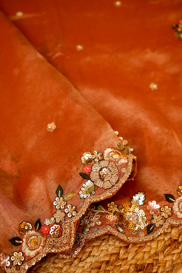 Apricot Orange Designer Tissue Silk Saree with Pichwai Lotus Embroidery View 4