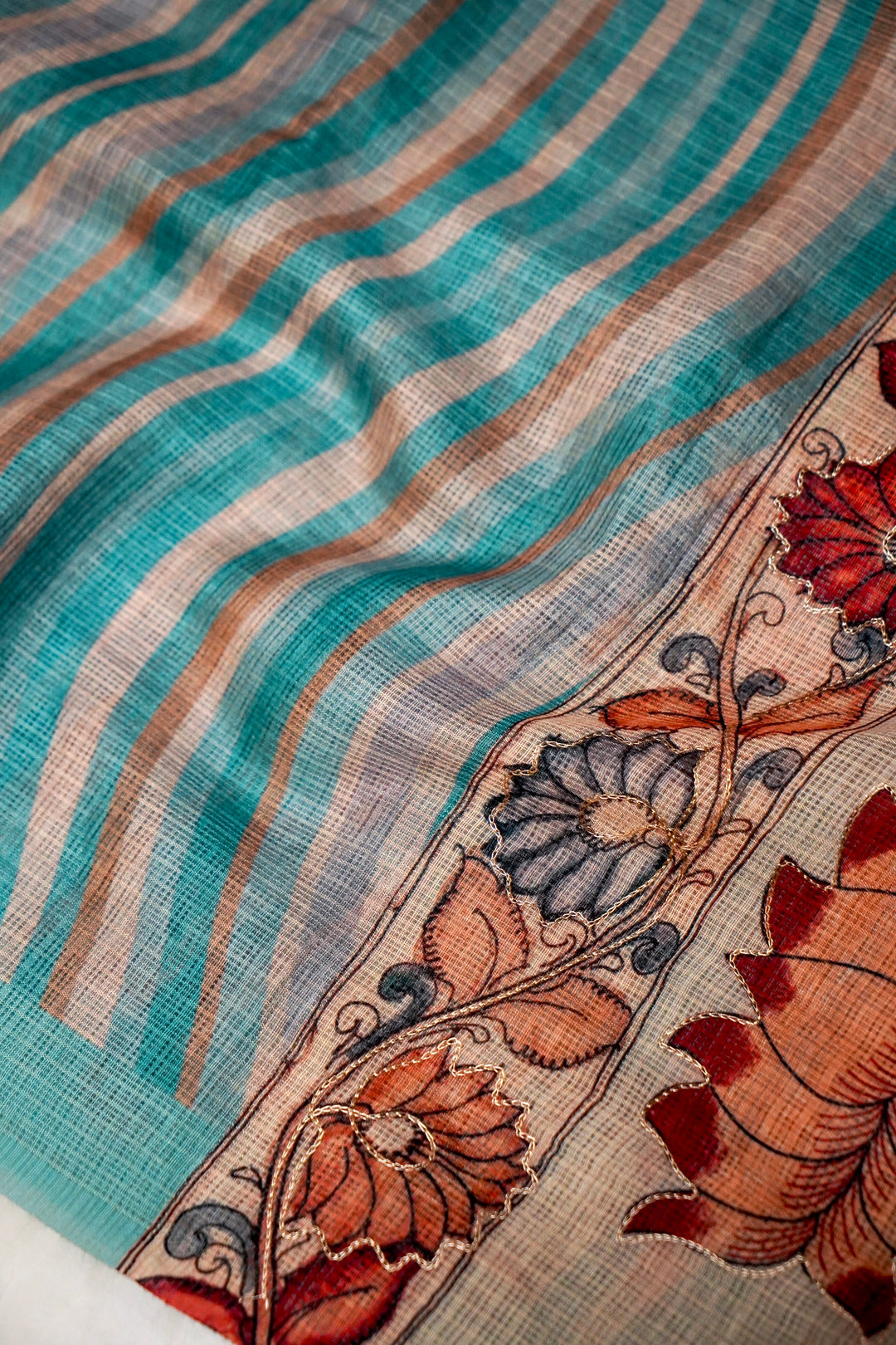 Kota Check Saree with Aari Tari Work Multicolor Leheriya Kalamkari Pichwai Pallu View 4