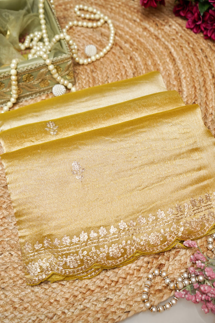 Opulent Golden Banarasi Soft Brocade Saree with Pita Zari Hand Embroidery