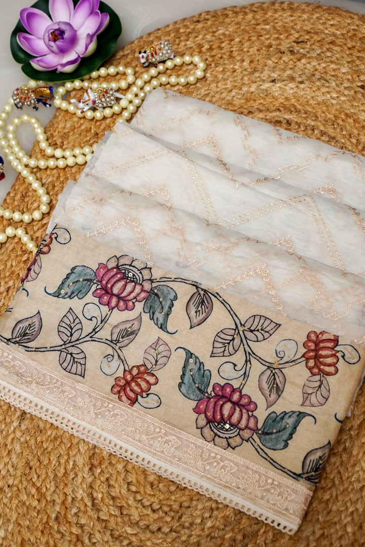 Pure White Organza Saree with Kalamkari Border & Katha-Resham Embroidery