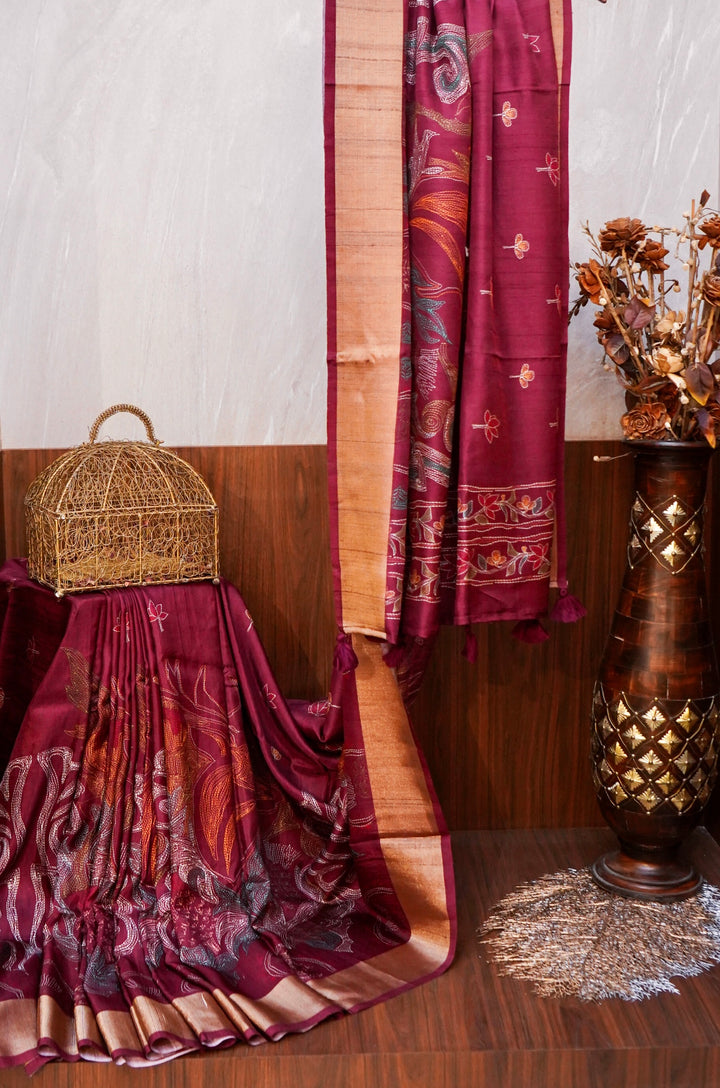 Maroon Tussar Silk Saree with Ajrak Animal Motif &amp; Meenakari Bootidar Weaving