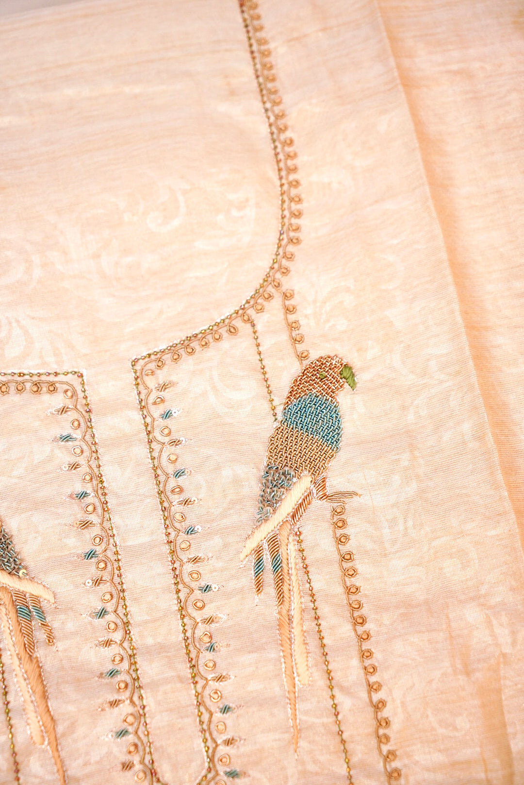 Rose Gold Chanderi Tissue Silk Suit with Handcrafted Zardozi & Resham Elegance