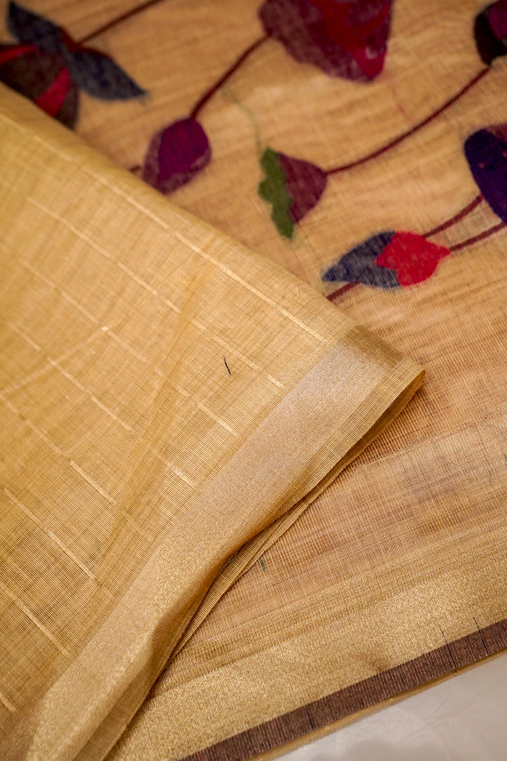 Graceful Beige Cotton Silk Saree with Zari Stripe Weave Paithani Pallu View 3
