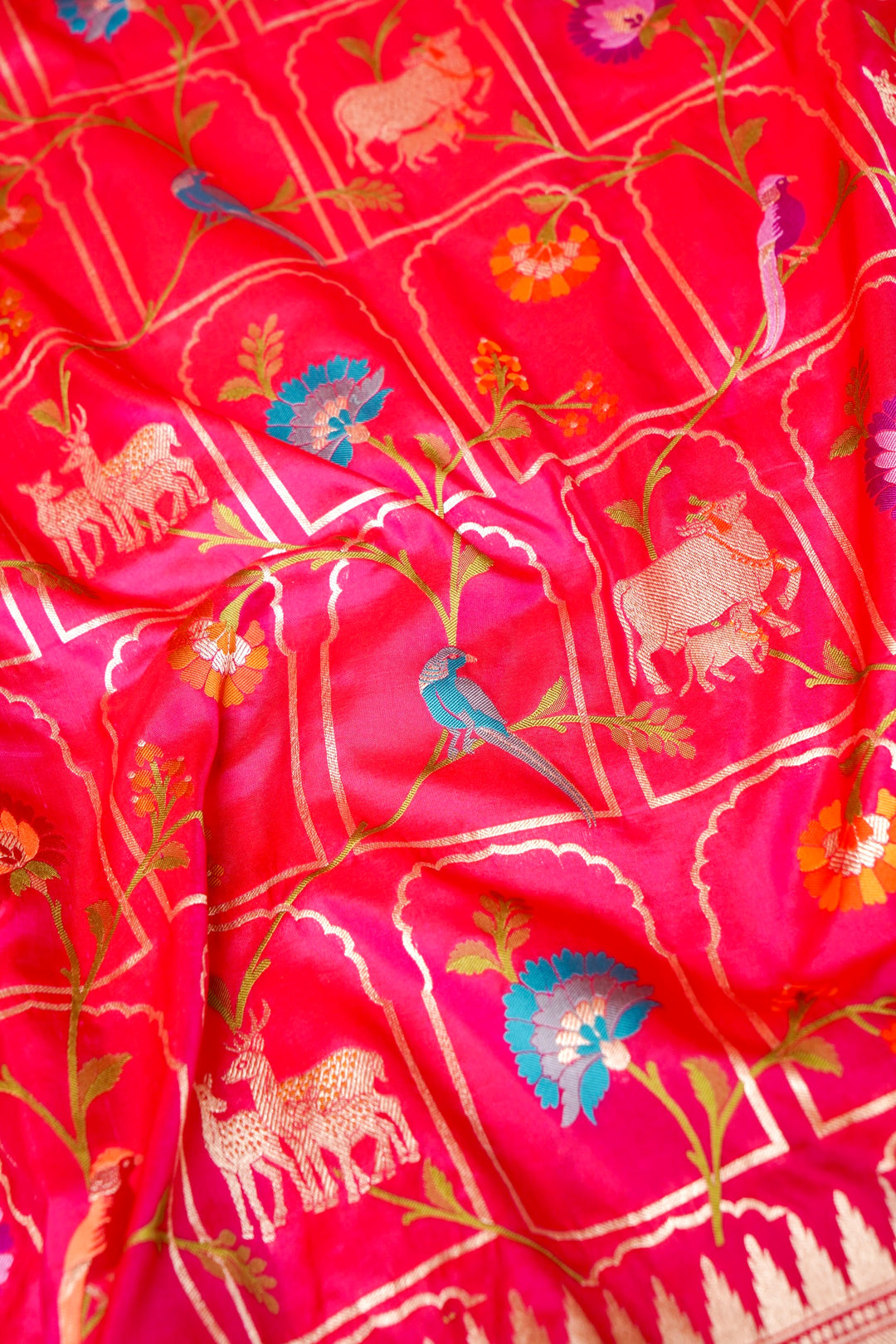 Pure Pink Bridal Banarasi Handloom Katan Silk Kimkhwab Meenakari Saree with Pichwai Inspired Patterns