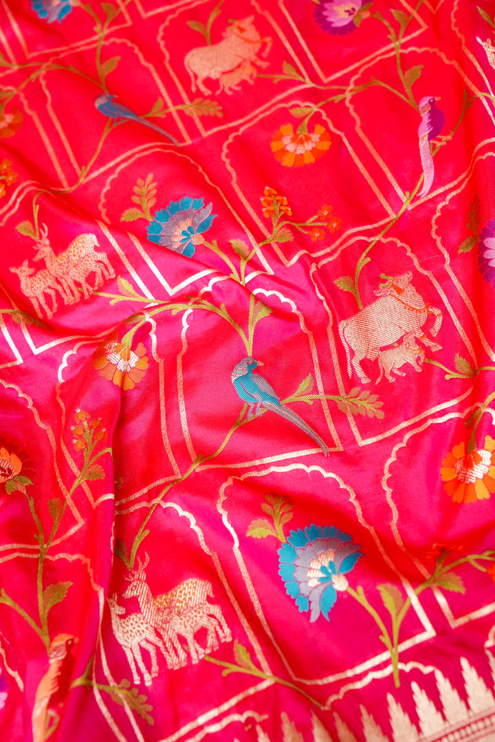 Pure Pink Bridal Banarasi Handloom Katan Silk Kimkhwab Meenakari Saree with Pichwai Inspired Patterns