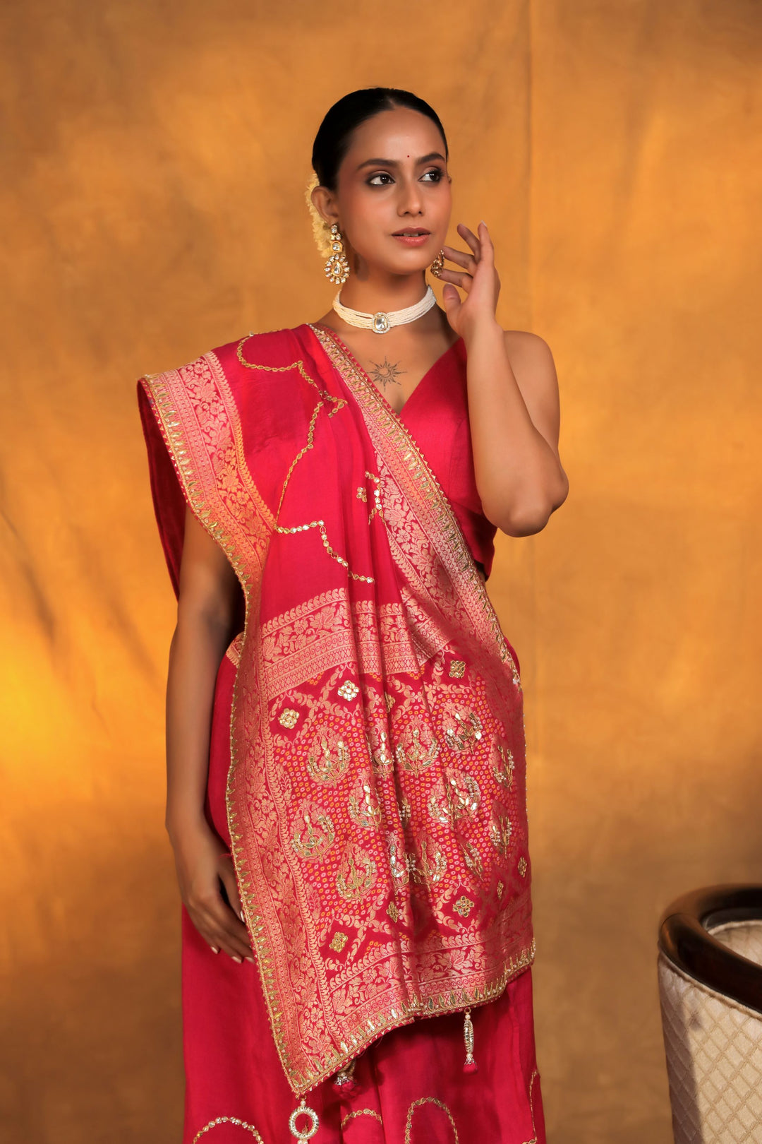 pink silk blend handwork gotta patti bridal saree closeup view 3