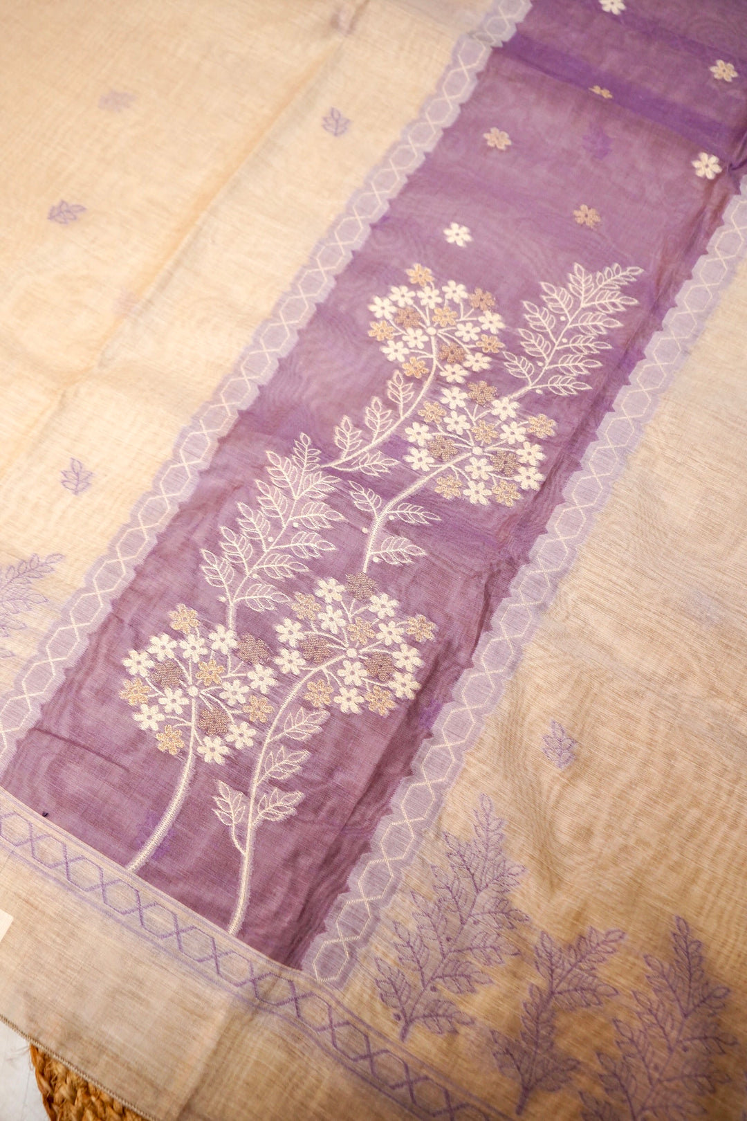 Off White &amp; Lavender Floral Woven Unstitched Suit Set