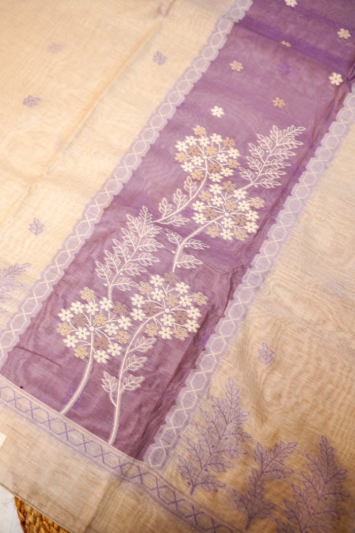 Off White &amp; Lavender Floral Woven Unstitched Suit Set