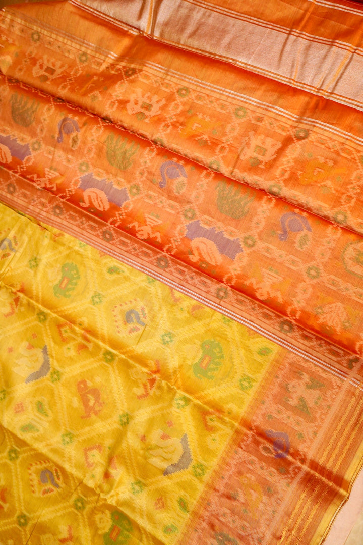 Golden Banarasi Silk Tissue Saree with Ikkat-Patola Inspired Weave