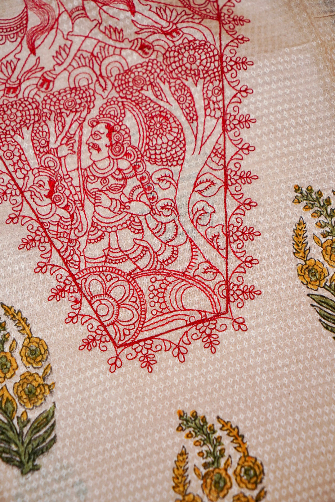 Pure Silk Tussar Fabric with Mural Art Thread Embroidery and Hand Block Prints