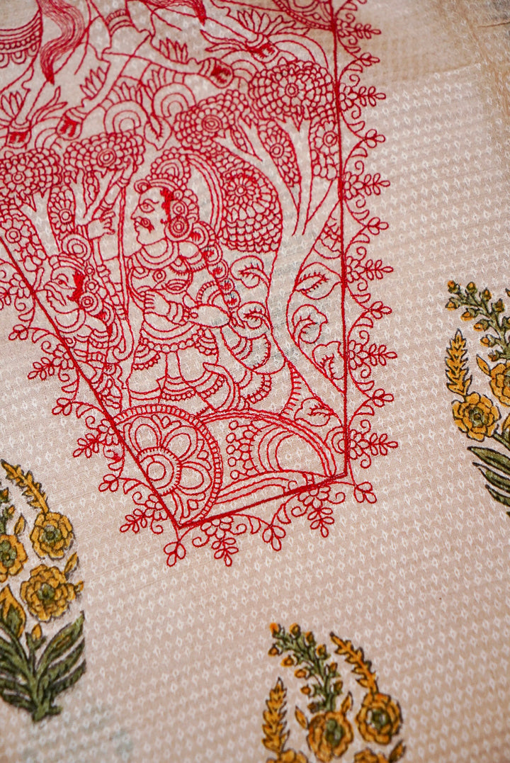 Pure Silk Tussar Fabric with Mural Art Thread Embroidery and Hand Block Prints