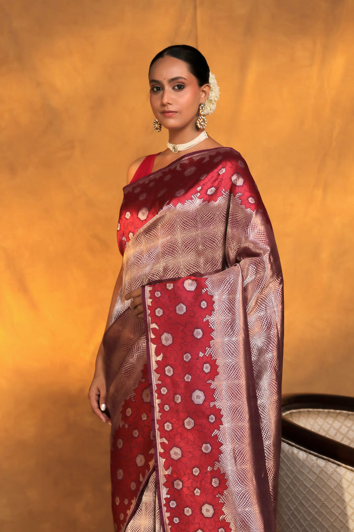 banarasi handloom wine pure brocade katan silk saree with tanchoi border and pallu closeup view 1