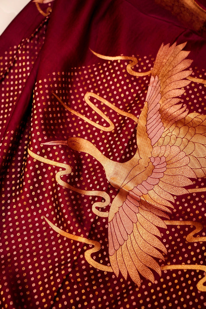 Banarasi Satin Crepe Bandhej Weaving Saree with Elegant Birds Motif