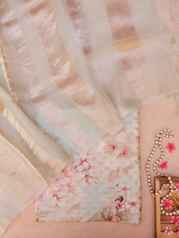 Pastel Green Handloom Pure Chiniya Silk Printed Suit with Sona Rupa Strip Dupatta View 1