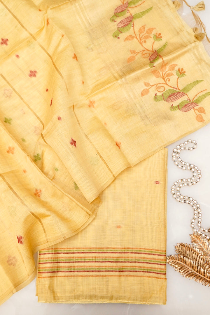 Radiant Pastel Yellow Meenakari Bird Cotton Silk Suit Set