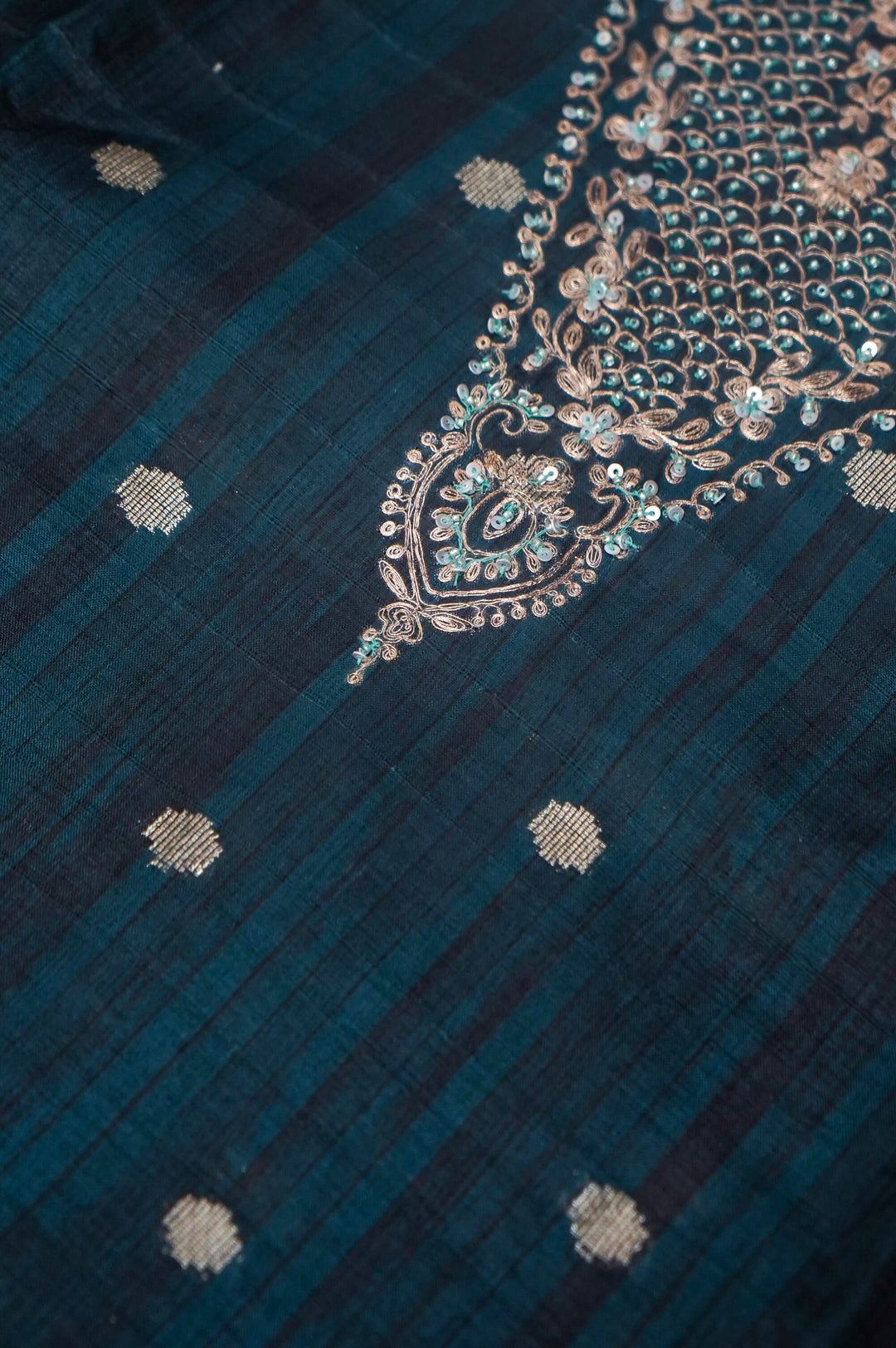 Teal Blue Chanderi Silk Suit Set with Pitta Zari Embroidery View 6