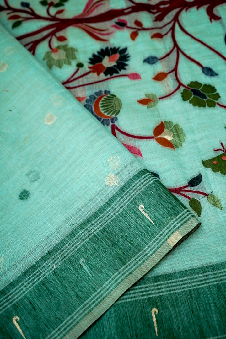 Graceful Sea Green Cotton Silk Saree with Zari Bootidar Weave Jamdani Inspired Pallu View 3