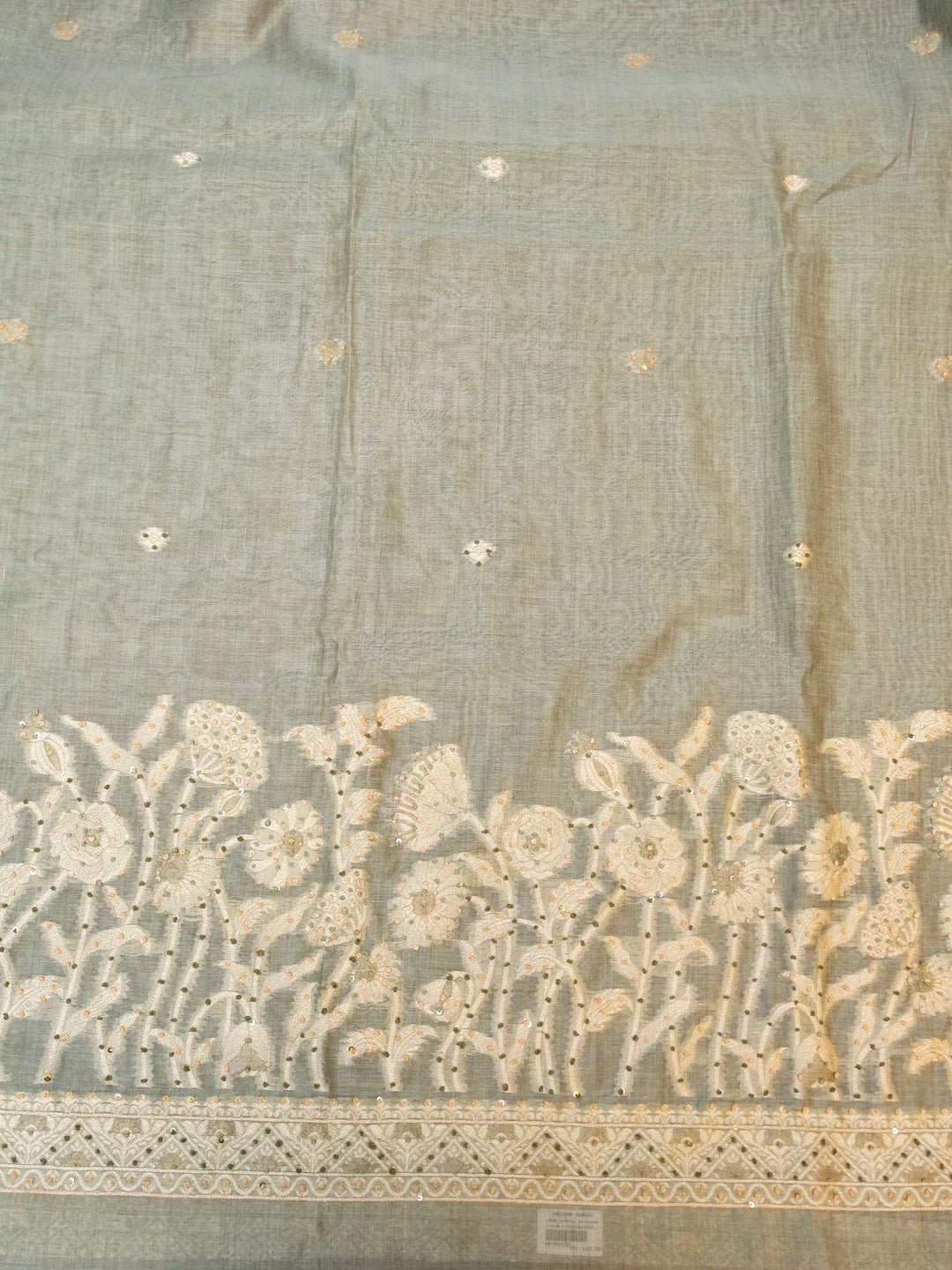 Light Sage Green Banarasi Cotton Jamdani Suit Set with French Knot Thread Embroidery