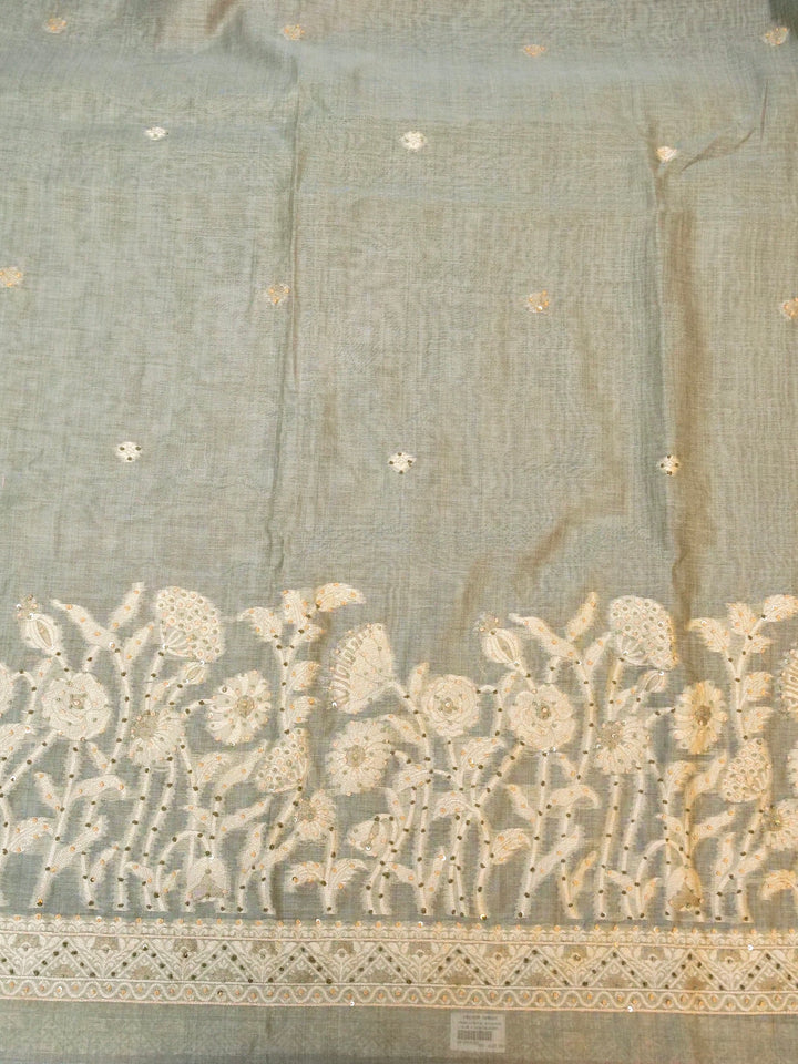 Light Sage Green Banarasi Cotton Jamdani Suit Set with French Knot Thread Embroidery