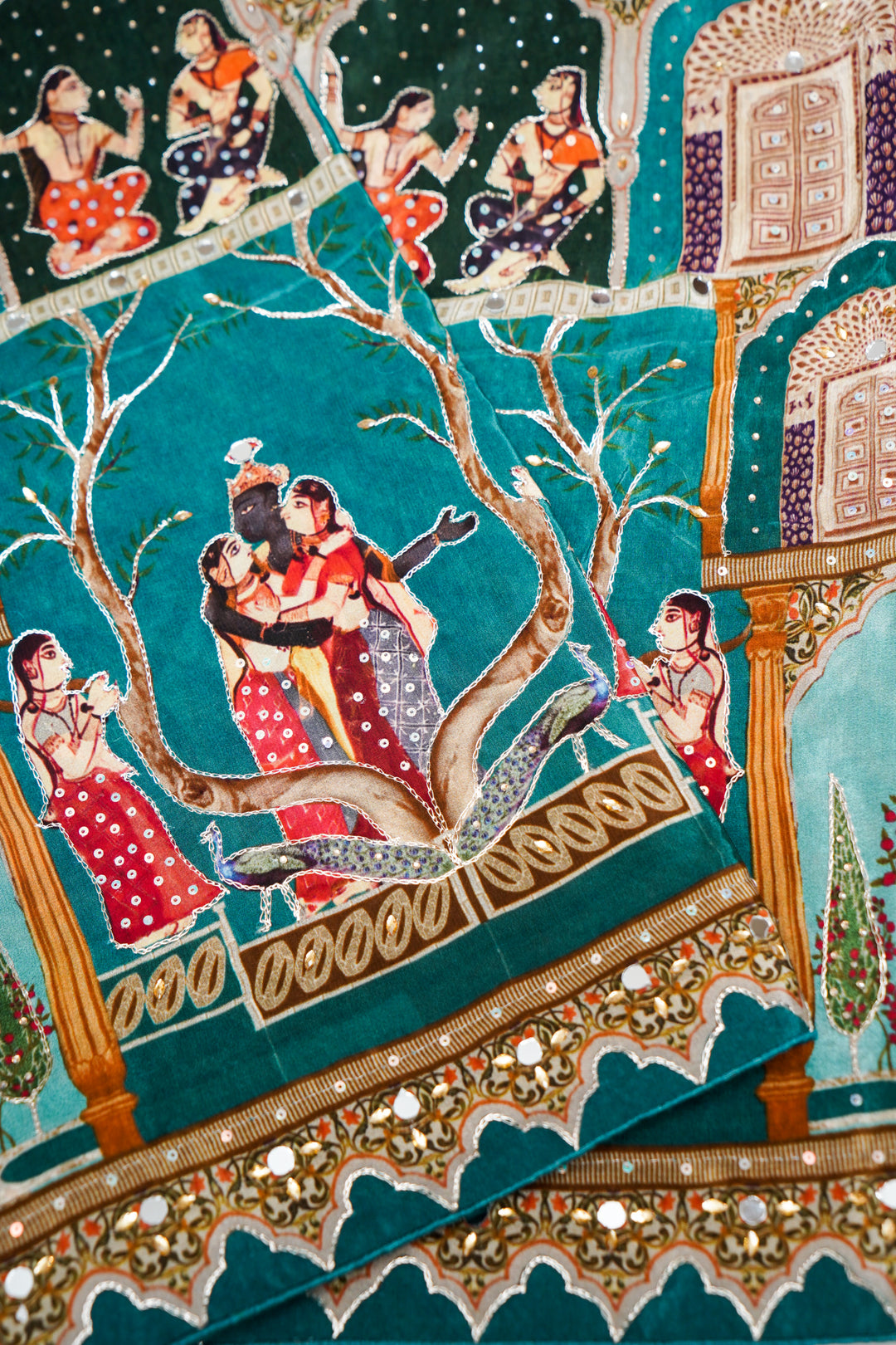 Teal Green Crepe Silk Saree with Katha Embroidery & Printed Figure Motifs