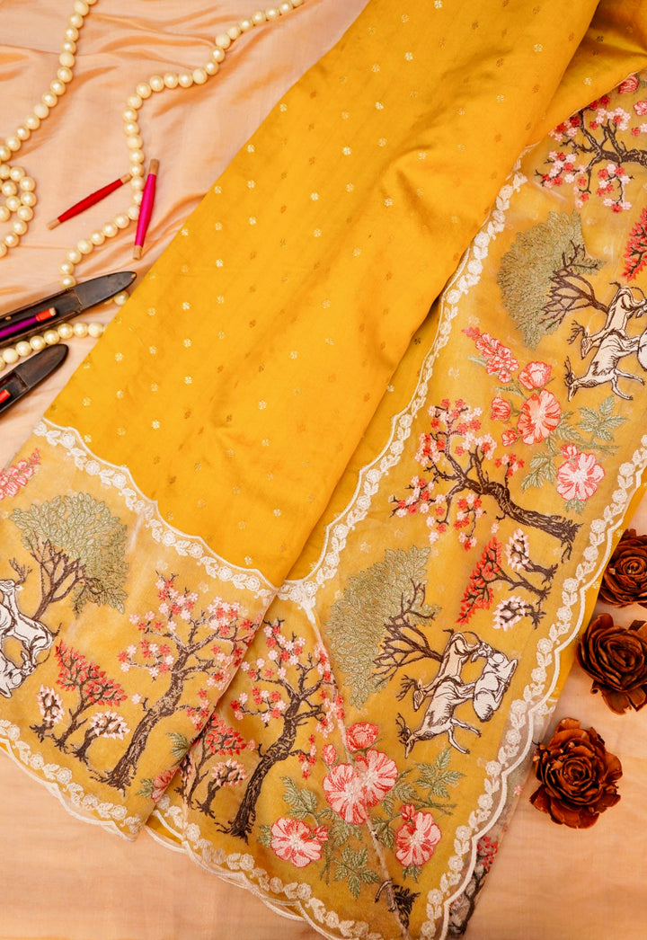Haldi Ceremony Yellow Pure Handloom Chiniya Silk Saree with Appliqué Resham Embroidery