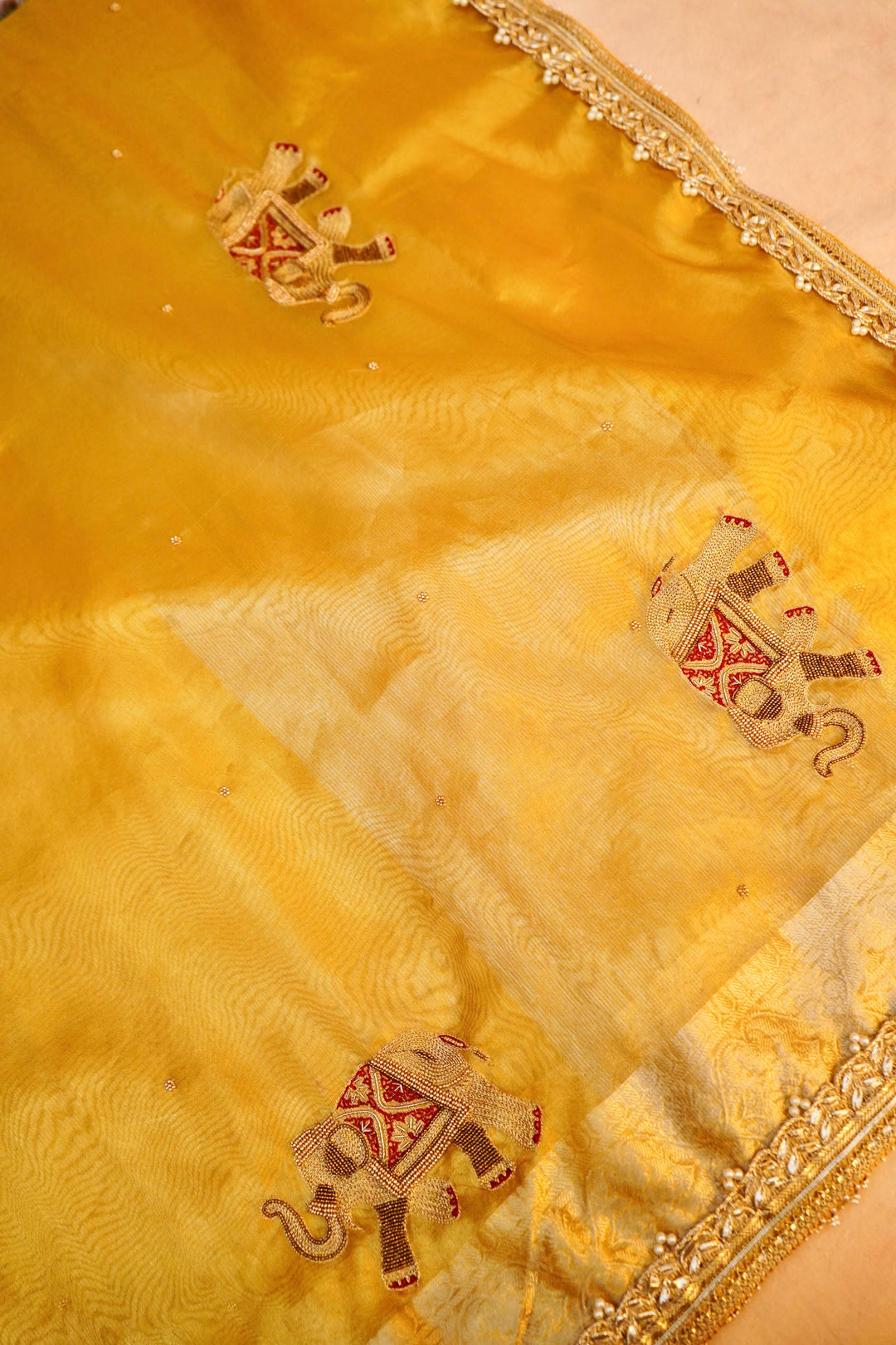 Golden Maharani Tissue Silk Saree with Gajanand Motif Embroidery