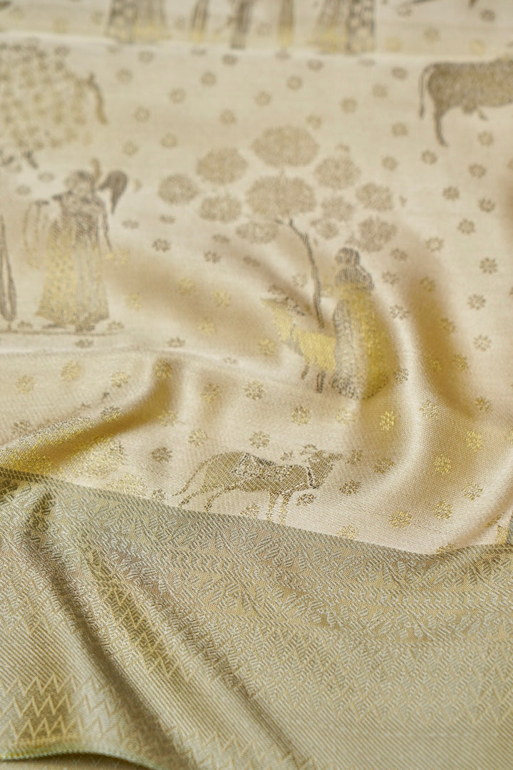 Elegant Beige Handwoven Pure Banarasi Tanchoi Silk Saree