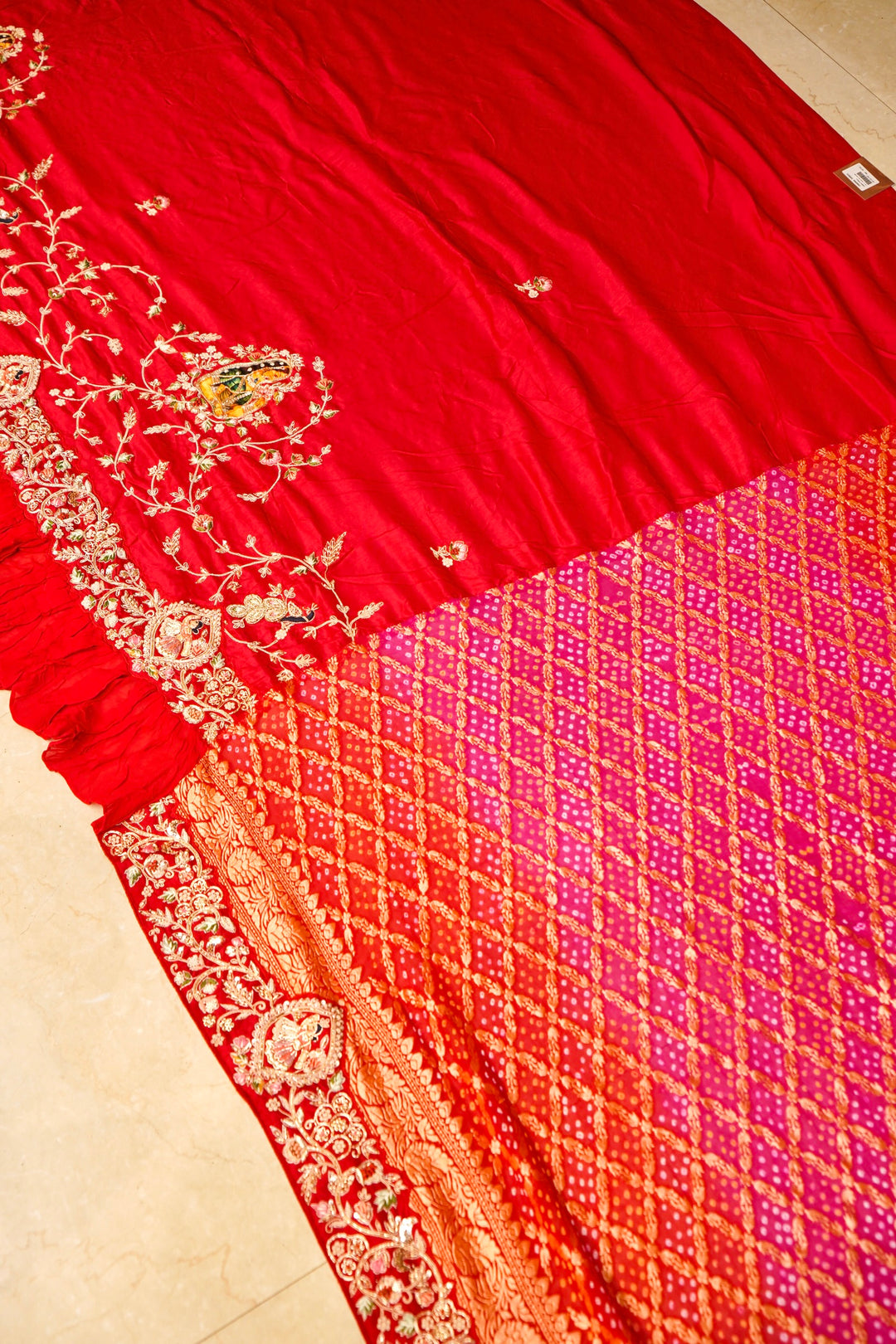 Designer Pure Banarasi Khaddi Bandhej Saree with Hand Zardozi Work