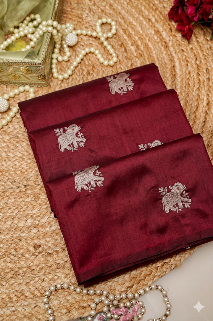 Royal Maroon Handwoven Banarasi Pure Puna Silk Saree with Zari Elephant Motifs