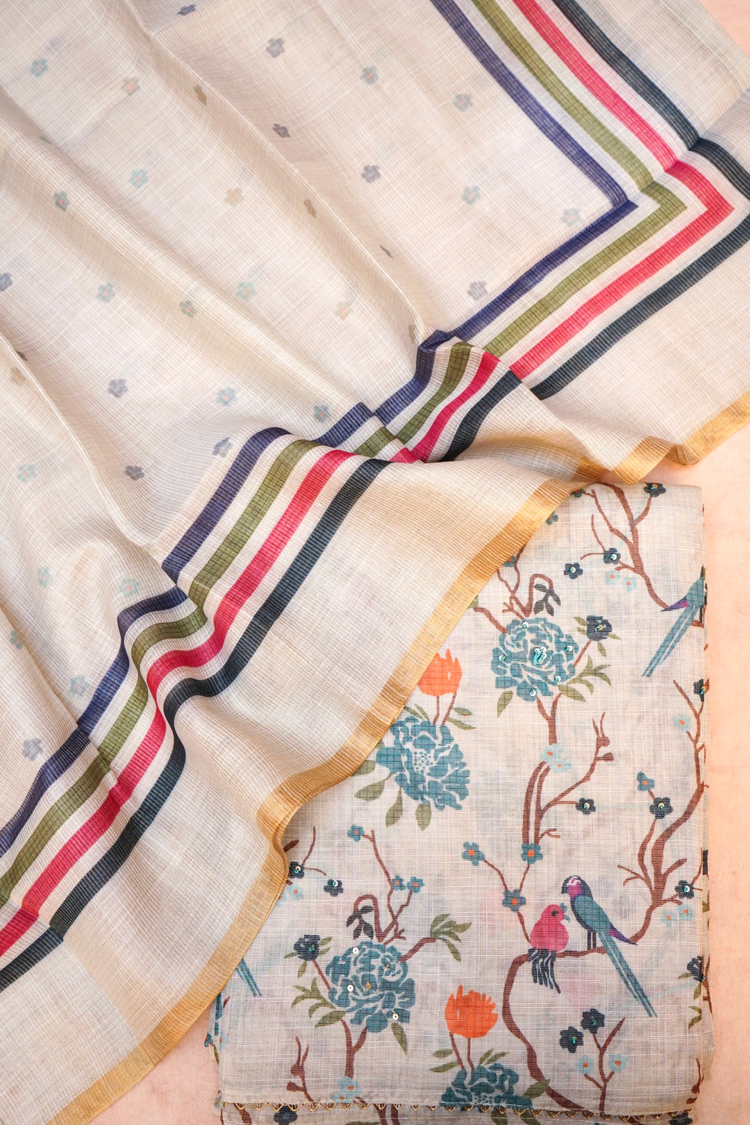White Chanderi Tissue Silk Suit Set with French Knot Embroidery Work
