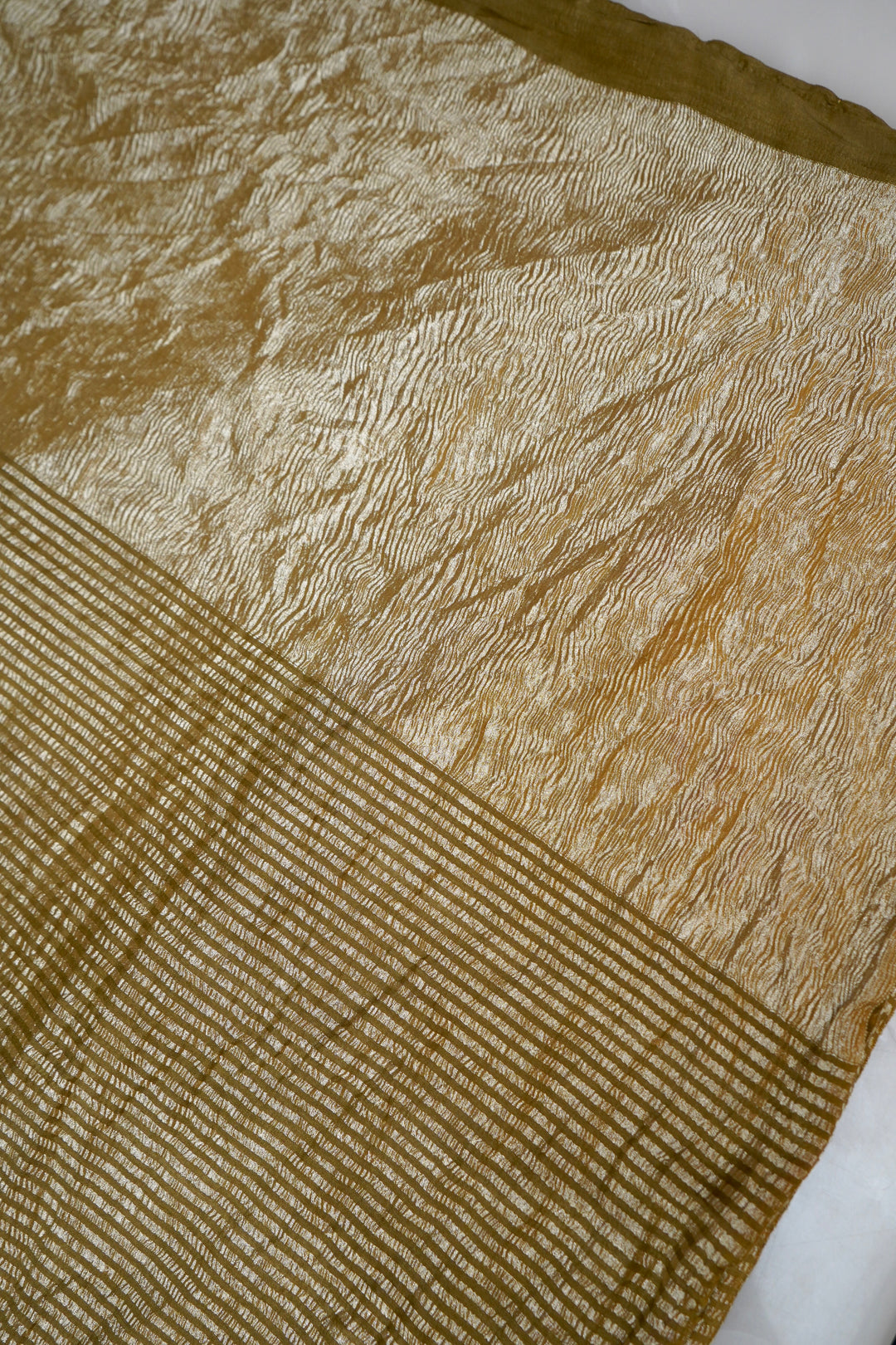 Elegant Olive Green Muga Georgette Saree with Zari Stripe Weave &amp; Crush Tissue Pallu