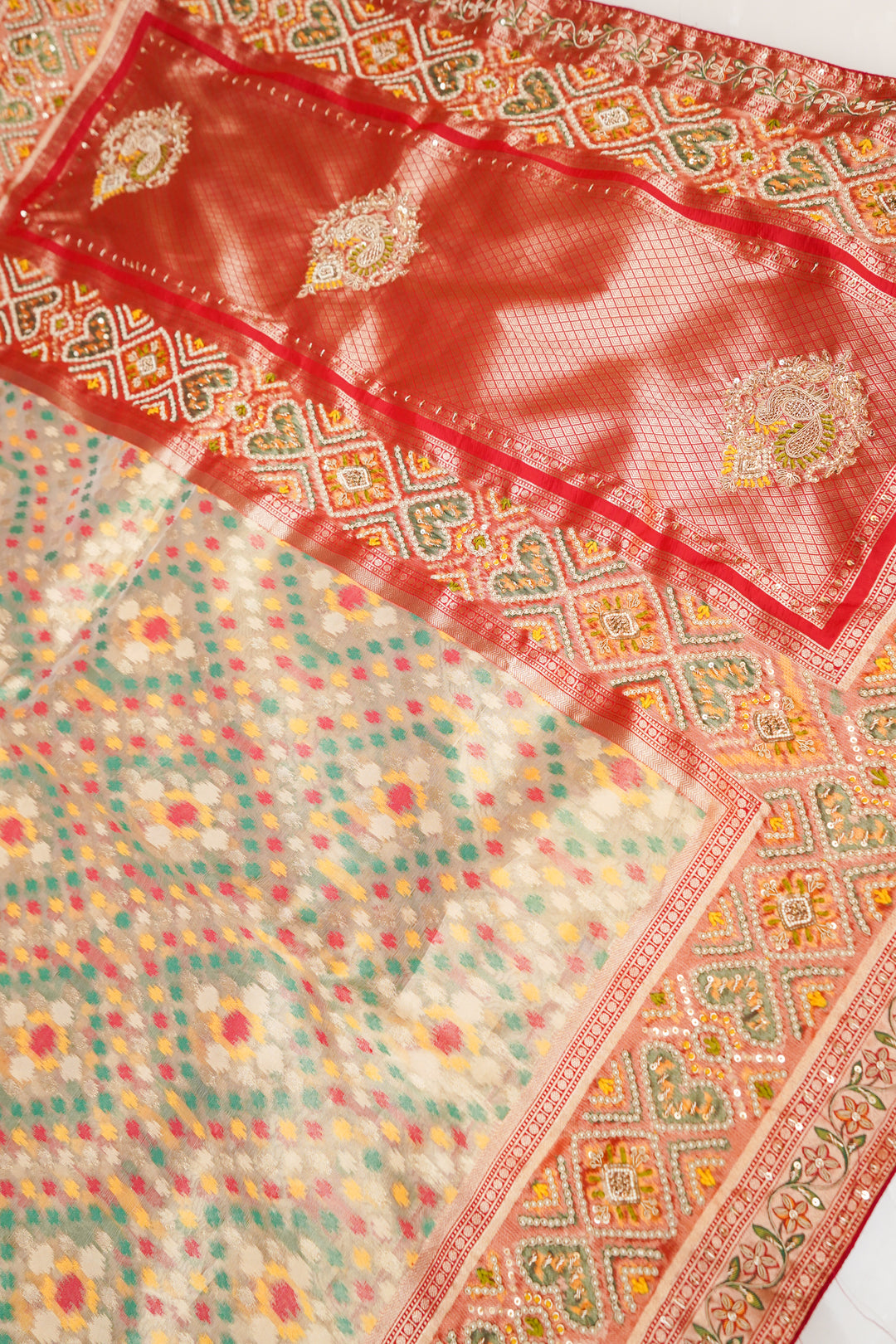 Pure Banarasi Tissue Ikkat Weaving Saree with Hand Zardozi Embroidery