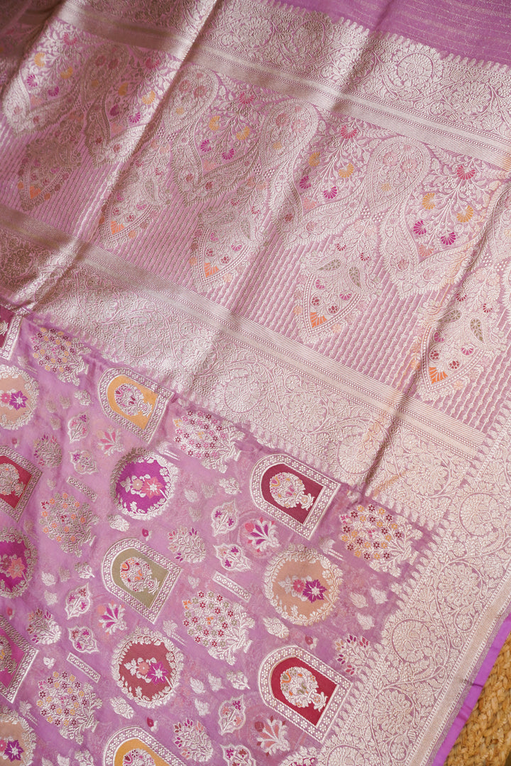 Handwoven Lavender Pure Tissue Katan Silk Meenakari Jaal Saree
