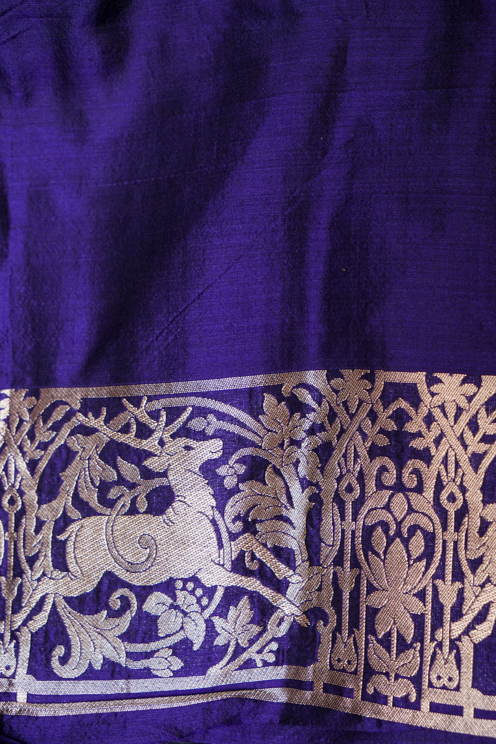 Navy Blue Handwoven Banarasi Pure Katan Silk Deer Motif Saree