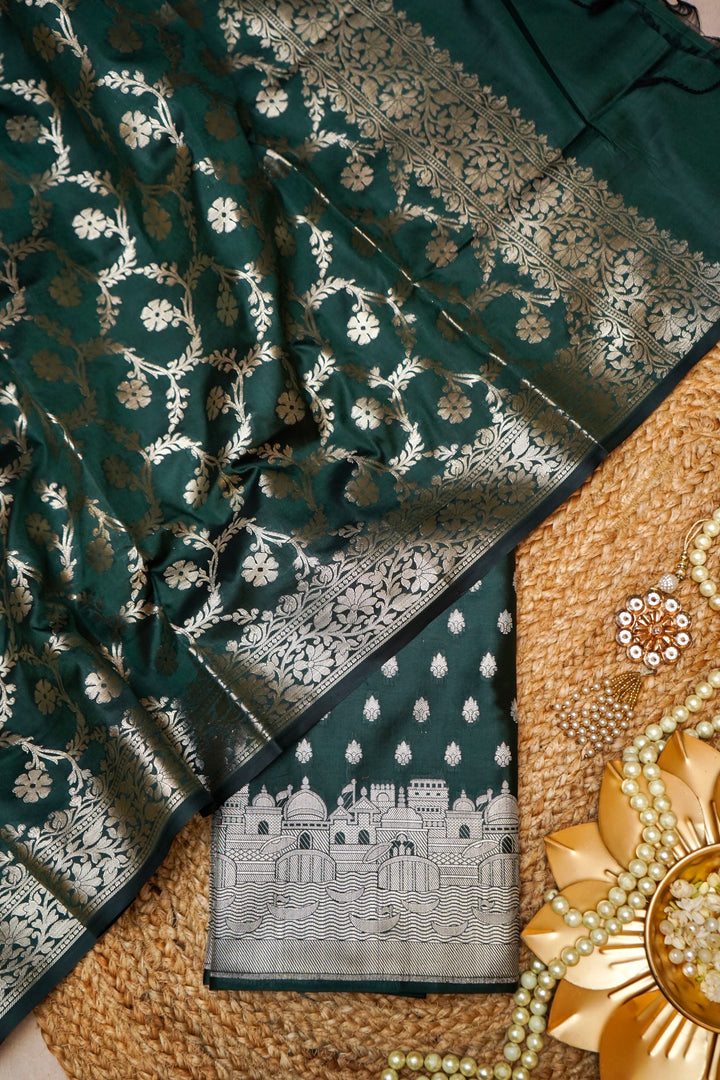 Mehndi Green Banarasi Modal Silk Ghat Unstitched Suit Set View 1