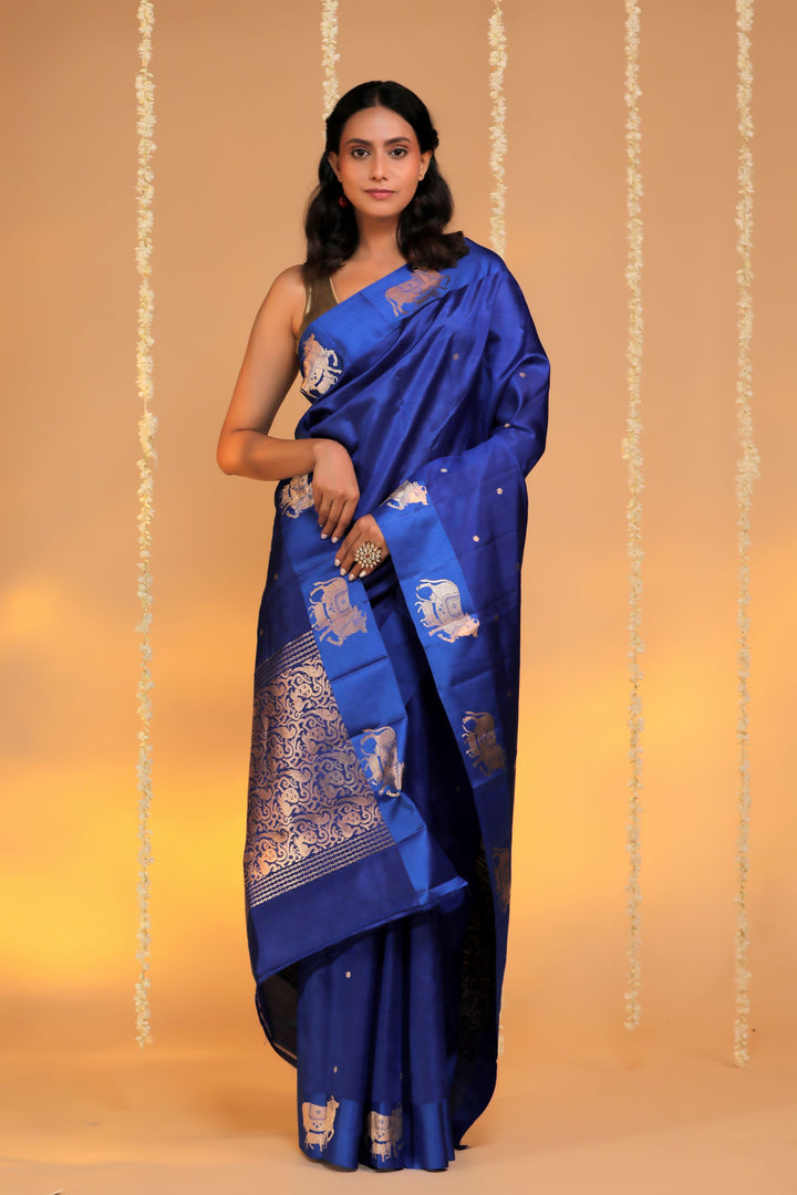 handwoven banarasi pure mashru silk kamdhenu motif satin border saree royal blue front view 2