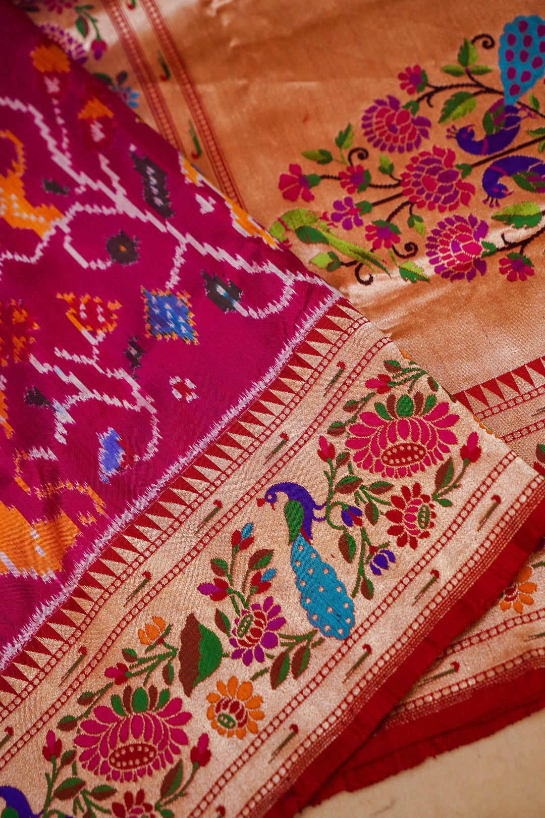 Handwoven Rani Pure Ikkat Weaving Katan Silk Paithani Saree View 3